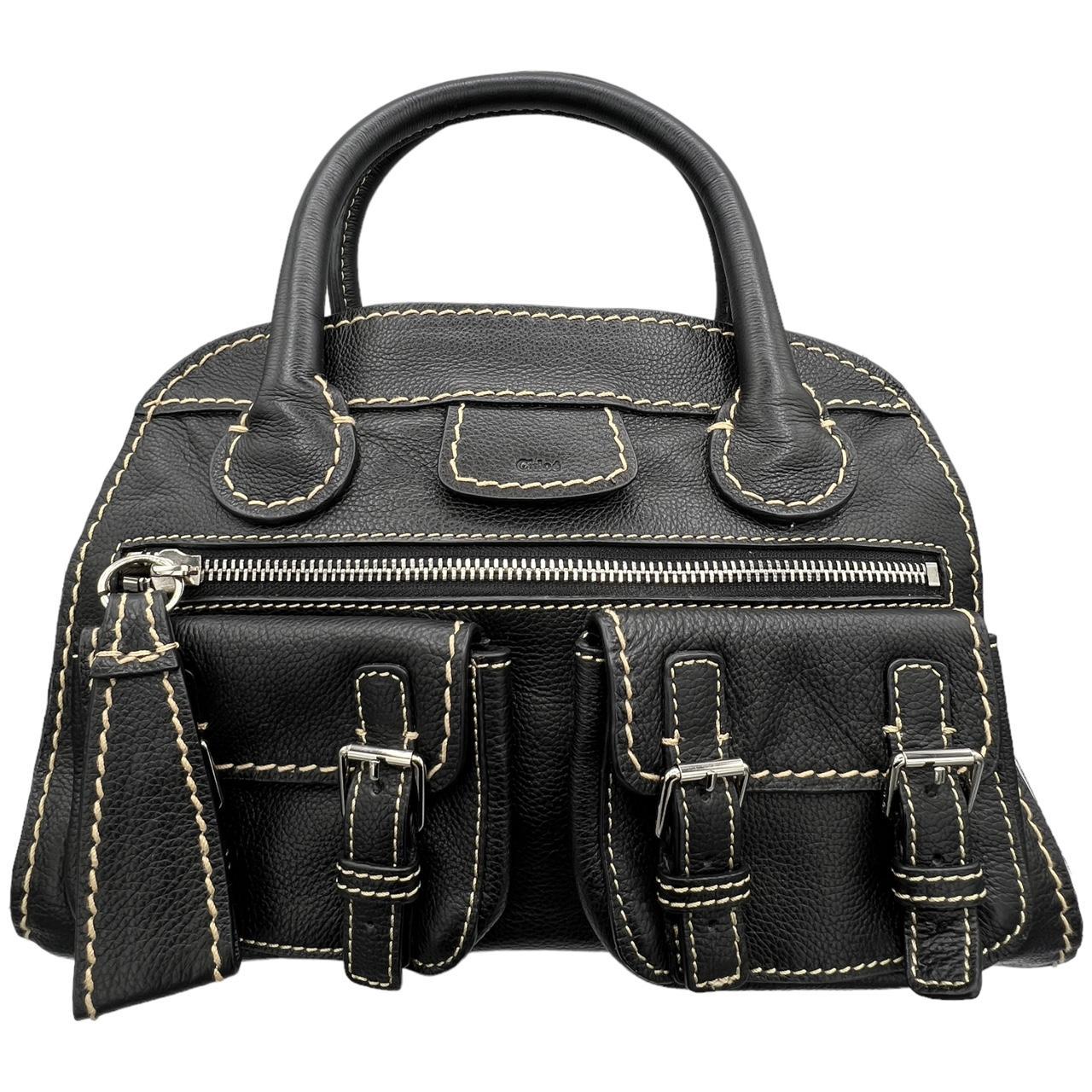 Chloé Large Black Leather Edith Bag with Contrast Stitching