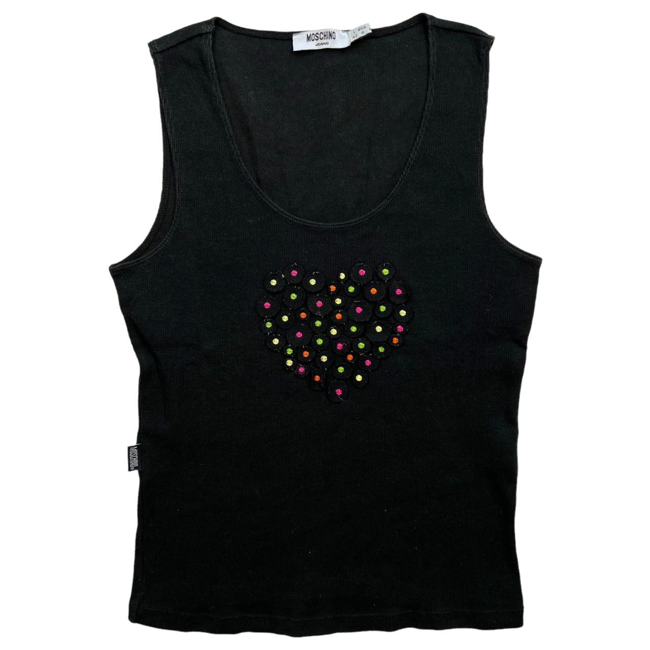 Moschino Jeans Black Ribbed Tank Top with Multicolor Heart Appliqué