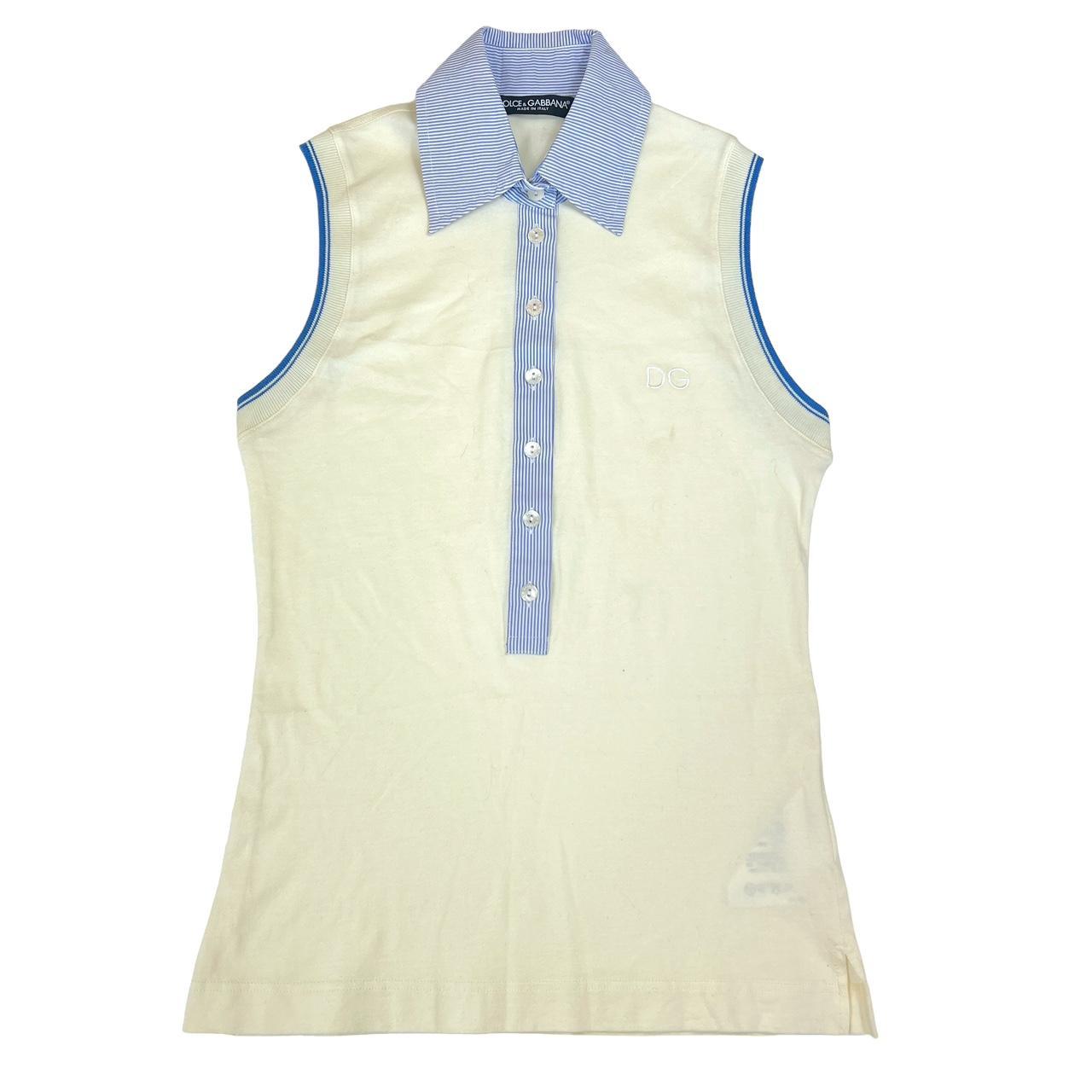 Dolce & Gabbana Cream and Blue Stripe Collared Sleeveless Top - Outfit Repeater