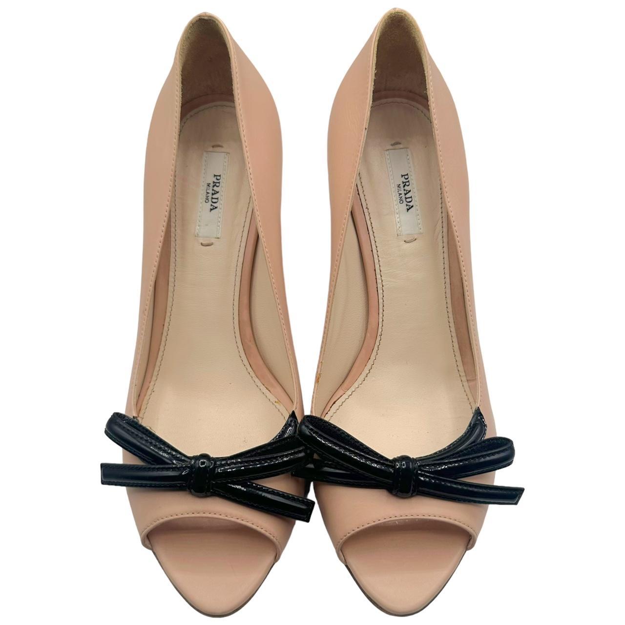 Prada Pink Leather Bow Peep-Toe Wedge Sandals