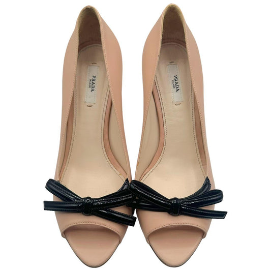 Prada Pink Leather Bow Peep-Toe Wedge Sandals