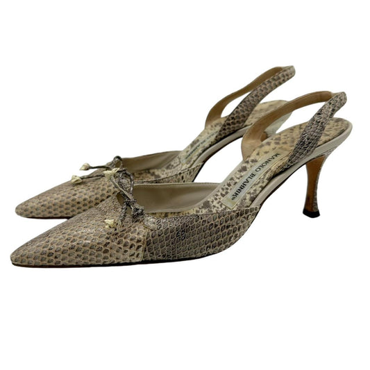 Manolo Blahnik Tan & Gray Snakeskin Slingback Heels - Outfit Repeater