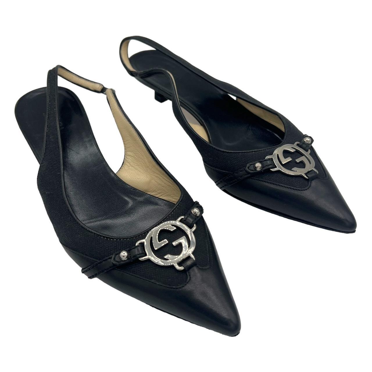 Gucci Slingback Heels Black Leather Kitten Heel GG Logo
