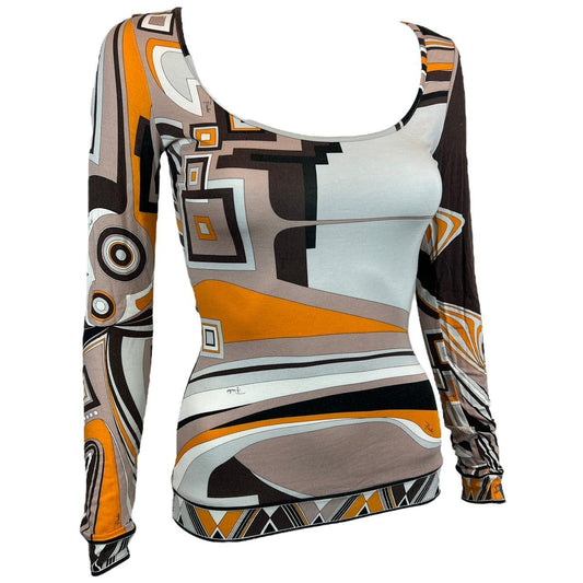 Emilio Pucci Firenze Brown and Orange Multicolored Patterned Long Sleeve Top