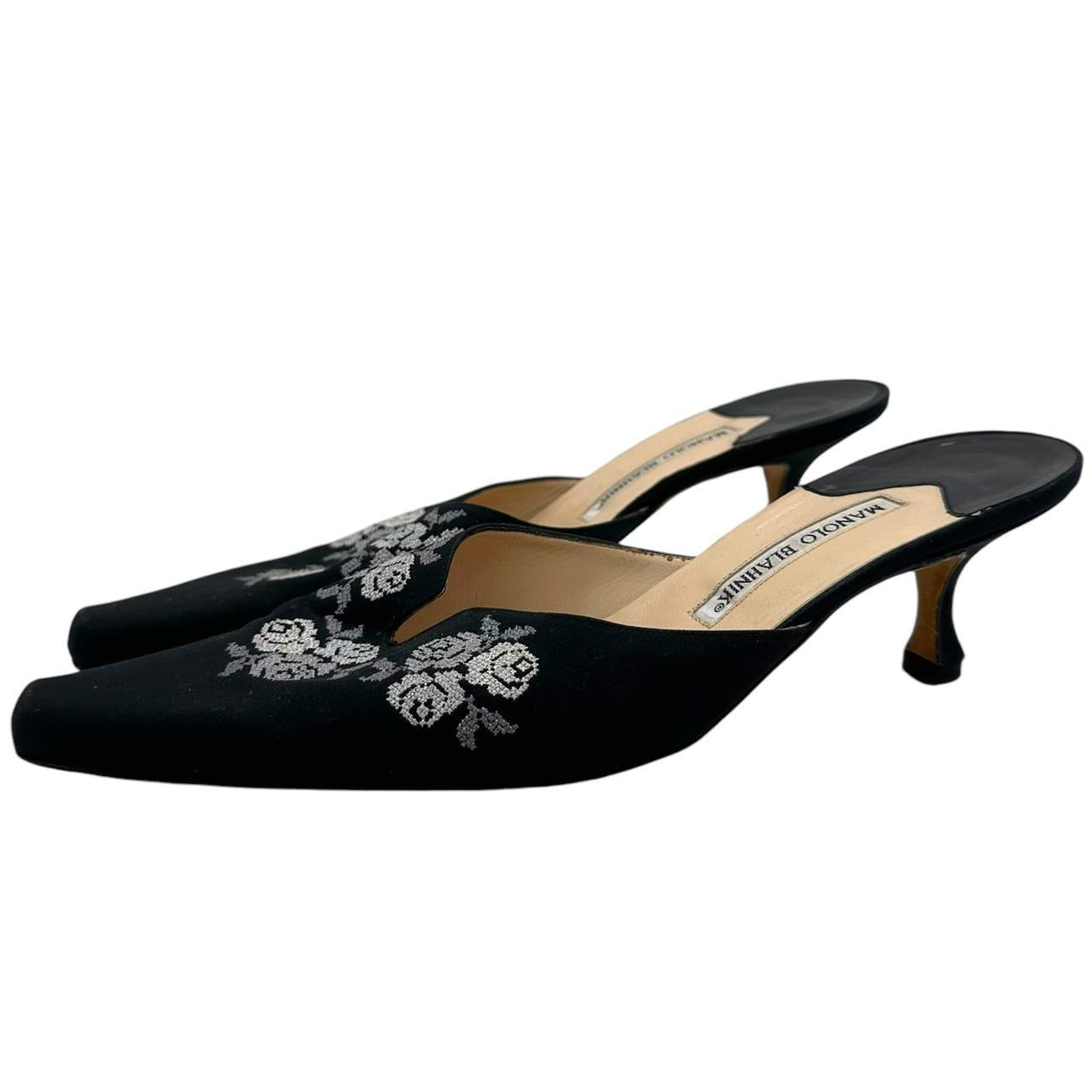 Manolo Blahnik Black Cross-Stitch Embroidered Kitten Heels - Outfit Repeater