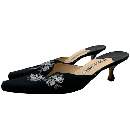 Manolo Blahnik Black Cross-Stitch Embroidered Kitten Heels - Outfit Repeater