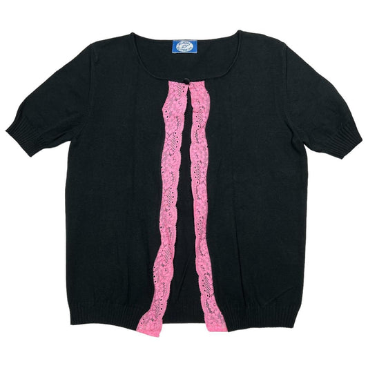 Blugirl by Blumarine Black and Pink Lace Short Sleeve Cropped Open Front Cardigan