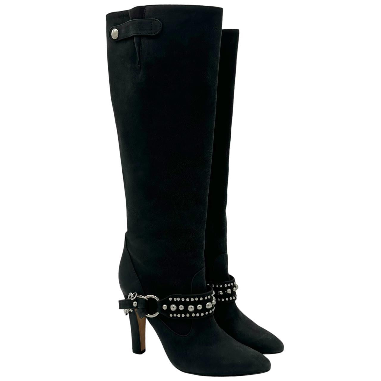 Manolo Blahnik Black Suede Chain Embellished Heeled Knee-High Boots - Outfit Repeater