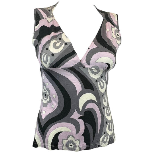 Emilio Pucci Black and Purple Printed V-Neck Tank Top