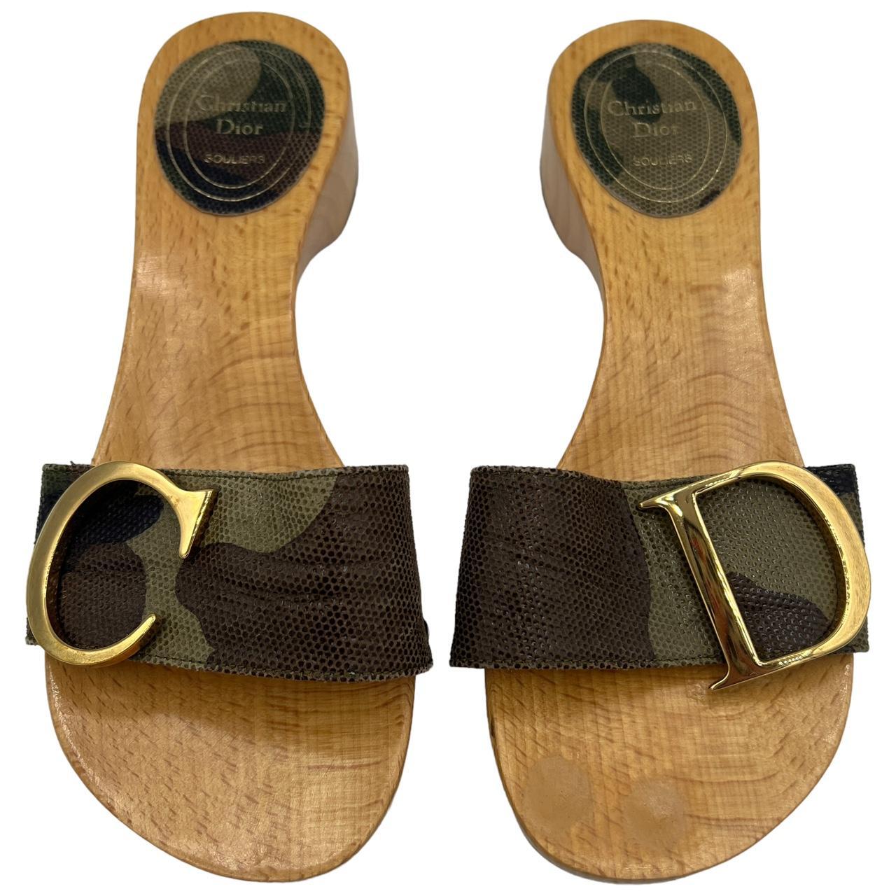 Christian Dior Wooden Mule Sandals Camouflage Gold Hardware