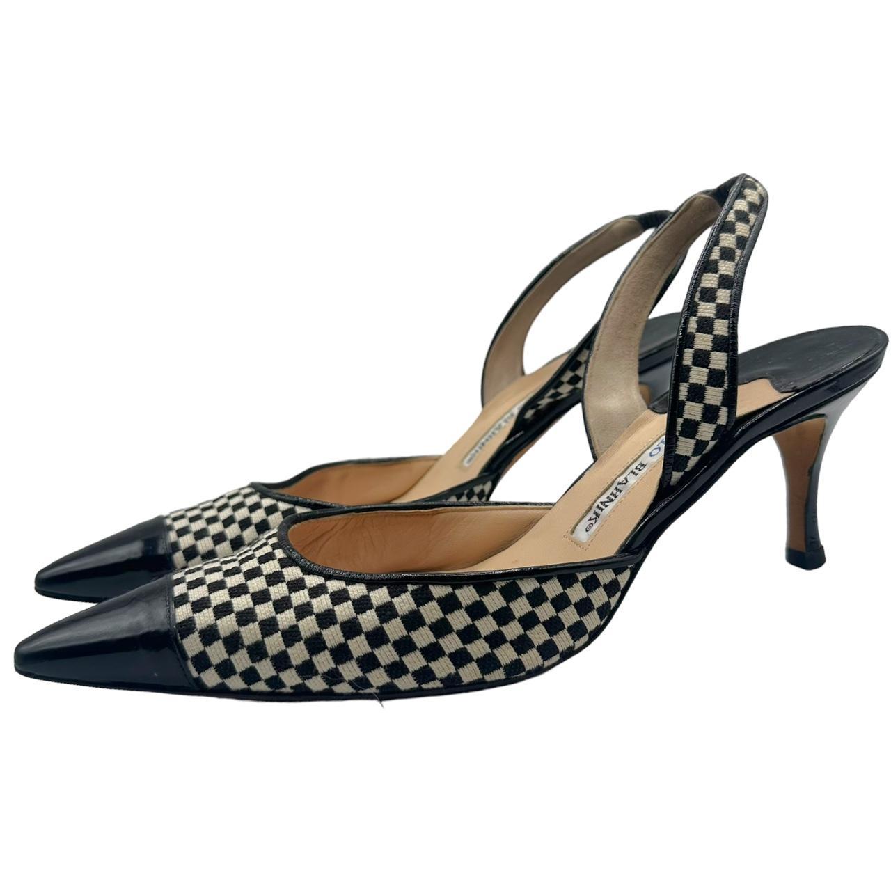 Manolo Blahnik Black White Checkered Slingback Heels