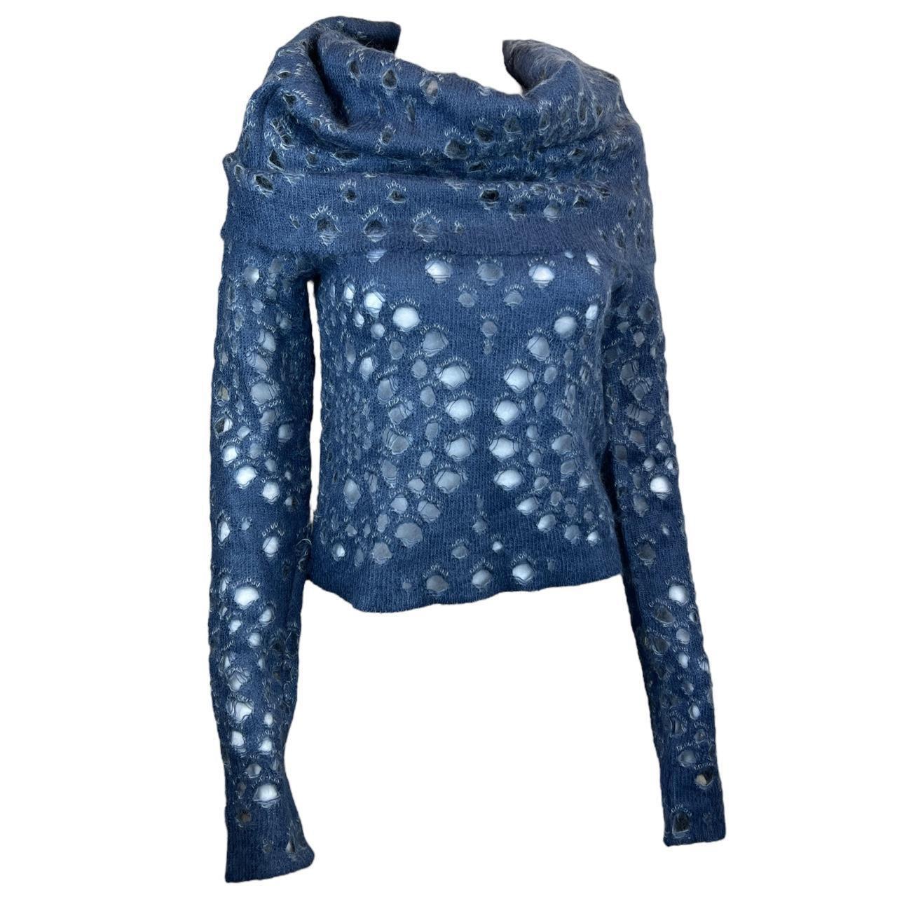 Christian Dior by John Galliano Autumn 2000 Blue Distressed Cut Out Fold Over Sweater - Outfit Repeater
