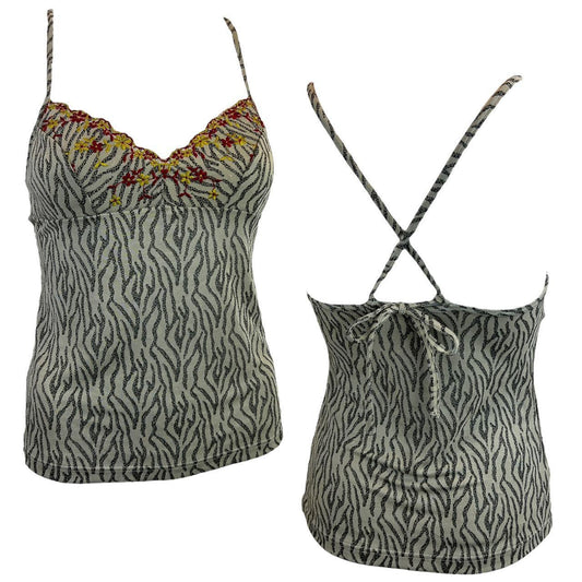 Miss Chloé Floral Embroidered Zebra Printed Mesh Cross Back Cami Top - Outfit Repeater