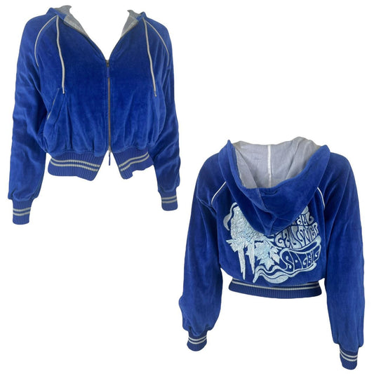Jean Paul Gaultier Soleil Blue Velour Embroidered Crop Hoodie - Outfit Repeater