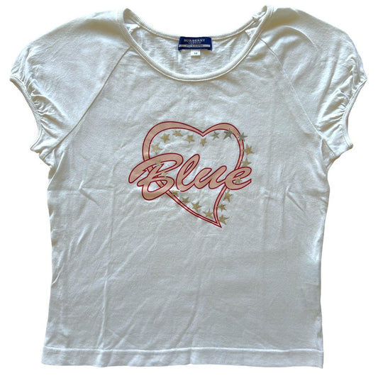 Burberry Blue Label 'Blue' Heart Logo White and Pink Baby Tee T-Shirt - Outfit Repeater