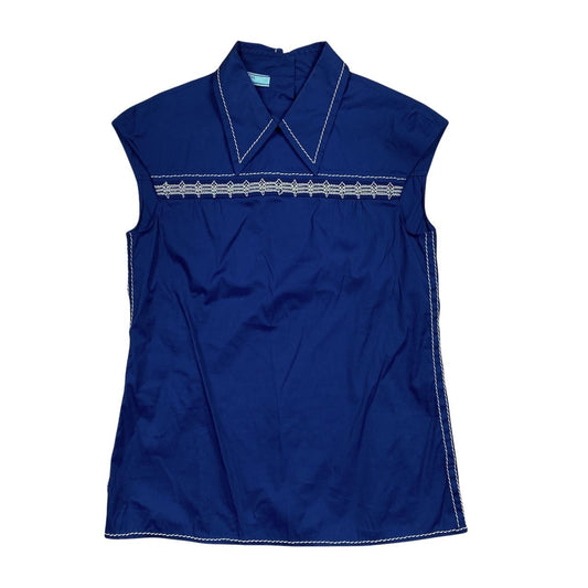 Prada Milano Blue Collared Sleeveless Blouse with Crochet Detailing and Button-Up Back