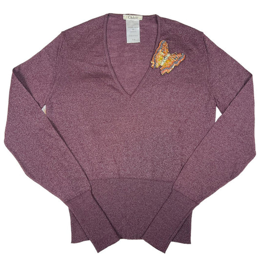 Chloé by Stella McCartney Burgundy Knit Sweater with Beaded Butterfly Appliqué