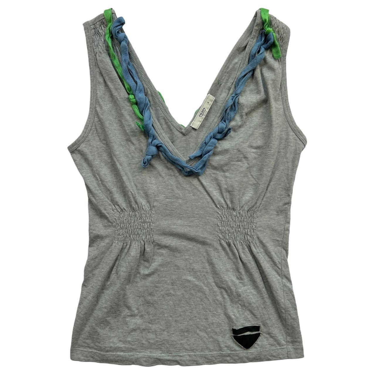 Prada Spring 2008 Gray Tank Top with Green and Blue String Appliqué V-Neck Neckline