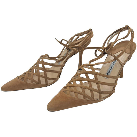 Manolo Blahnik Tan Suede Strappy Pointed Toe Lace Up Heels - Outfit Repeater