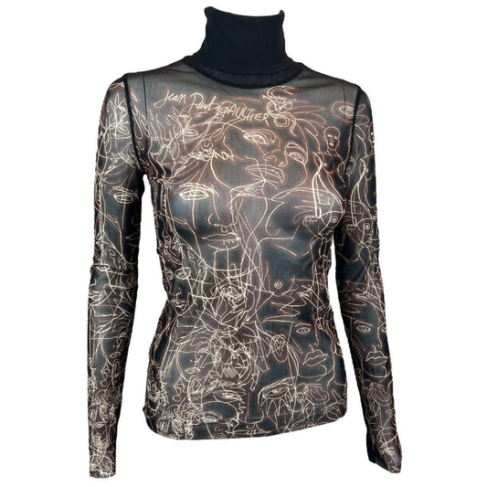 Jean Paul Gaultier Faces Print Mesh Longsleeve Turtleneck Top