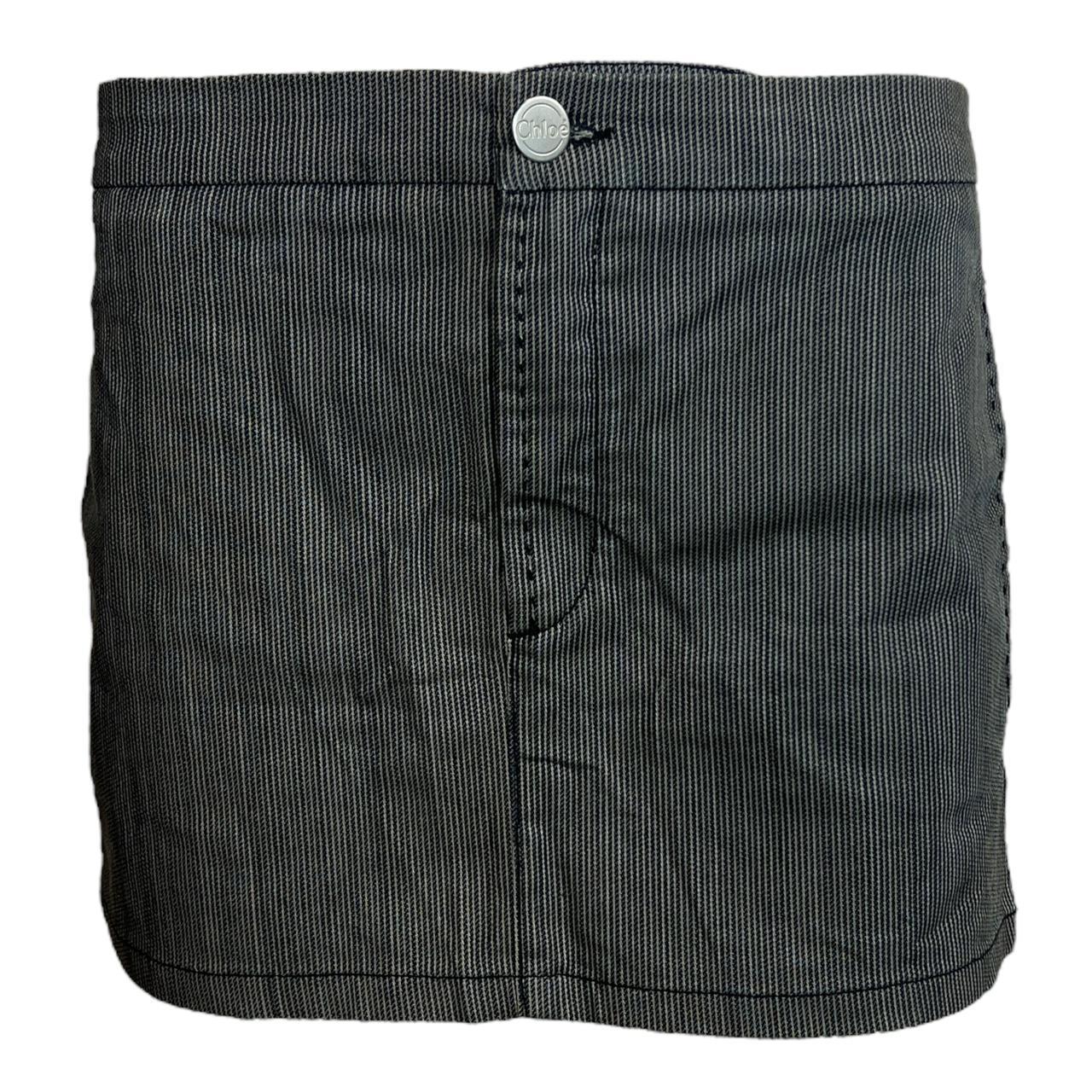 Chloé Autumn 2007 Navy and White Pinstriped Mini Skirt with Leather Logo Patch - Outfit Repeater