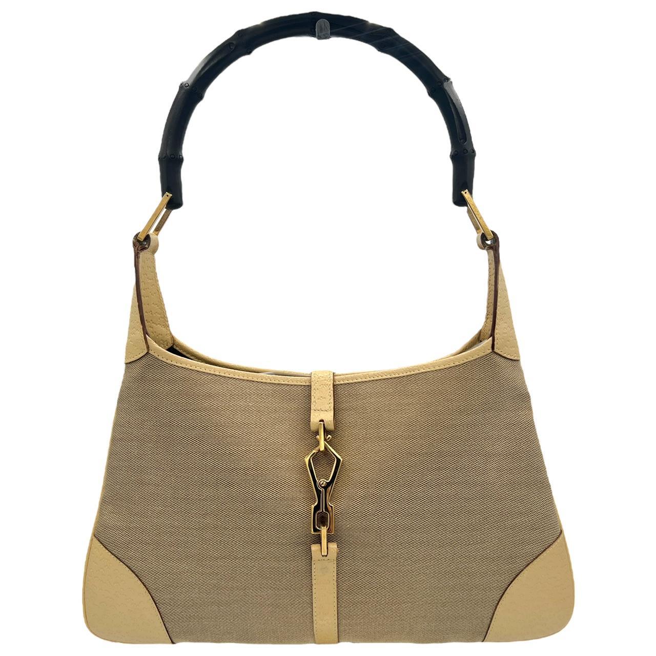 Gucci Jackie Shoulder Bag Tan Canvas Bamboo Handle