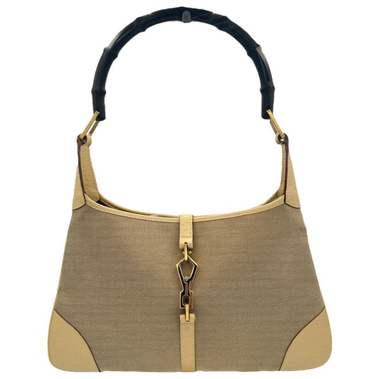 Gucci Jackie Shoulder Bag Tan Canvas Bamboo Handle