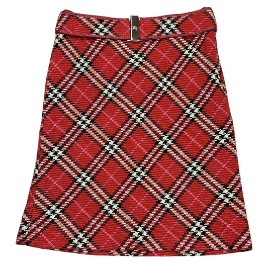 Burberry Blue Label Red and Pink Nova Check Plaid Tweed Belted Midi Skirt - Outfit Repeater