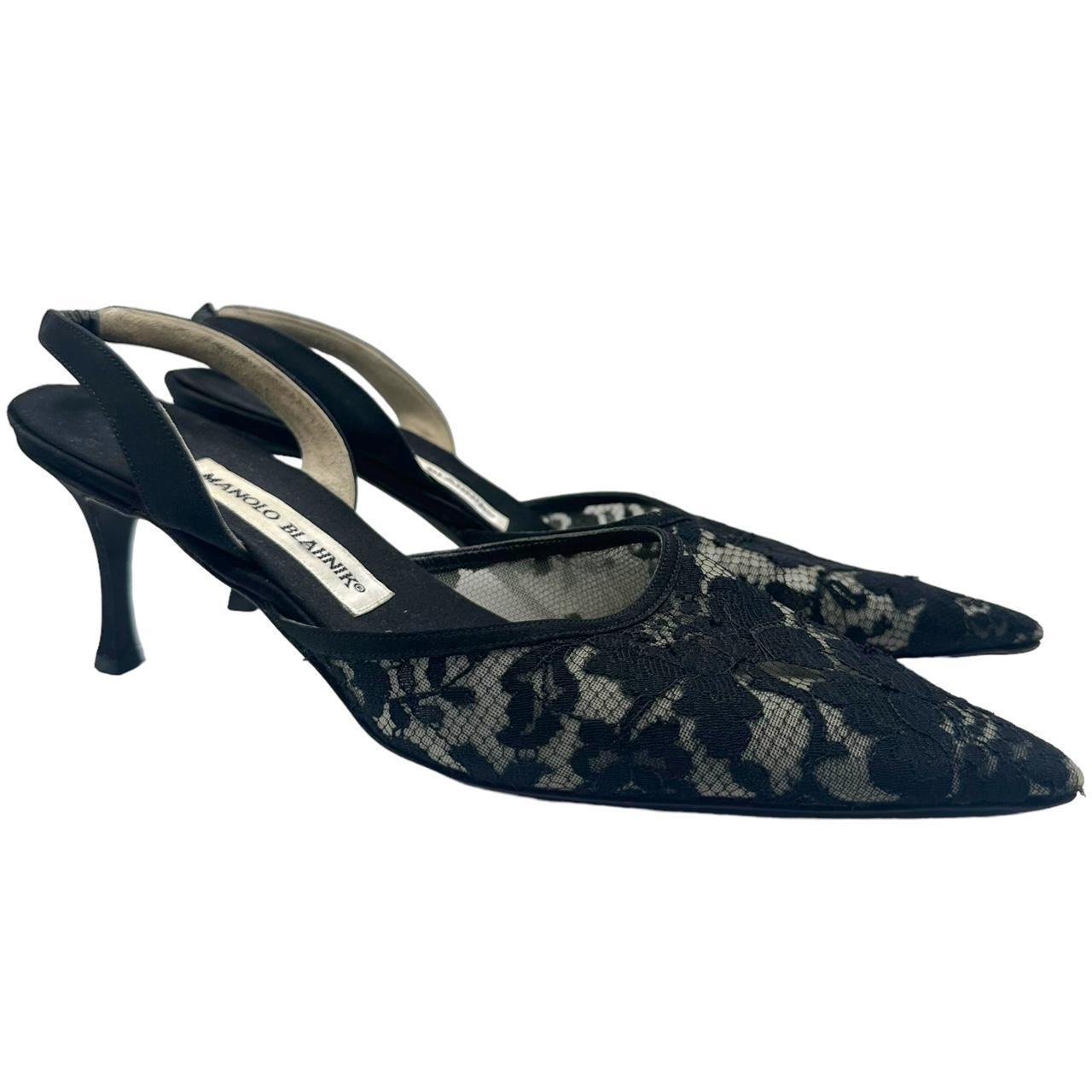 Manolo Blahnik Lace Slingback Heels Black Pointe Toe