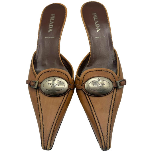 Prada Brown Leather Kitten Heel Mules with Logo Plate