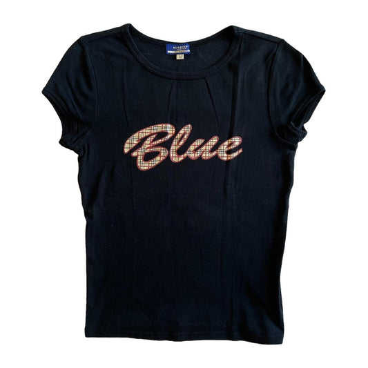 Burberry Blue Label 'Blue' Black and Tan Signature Nova Check Plaid Graphic Logo Baby Fit T-Shirt - Outfit Repeater