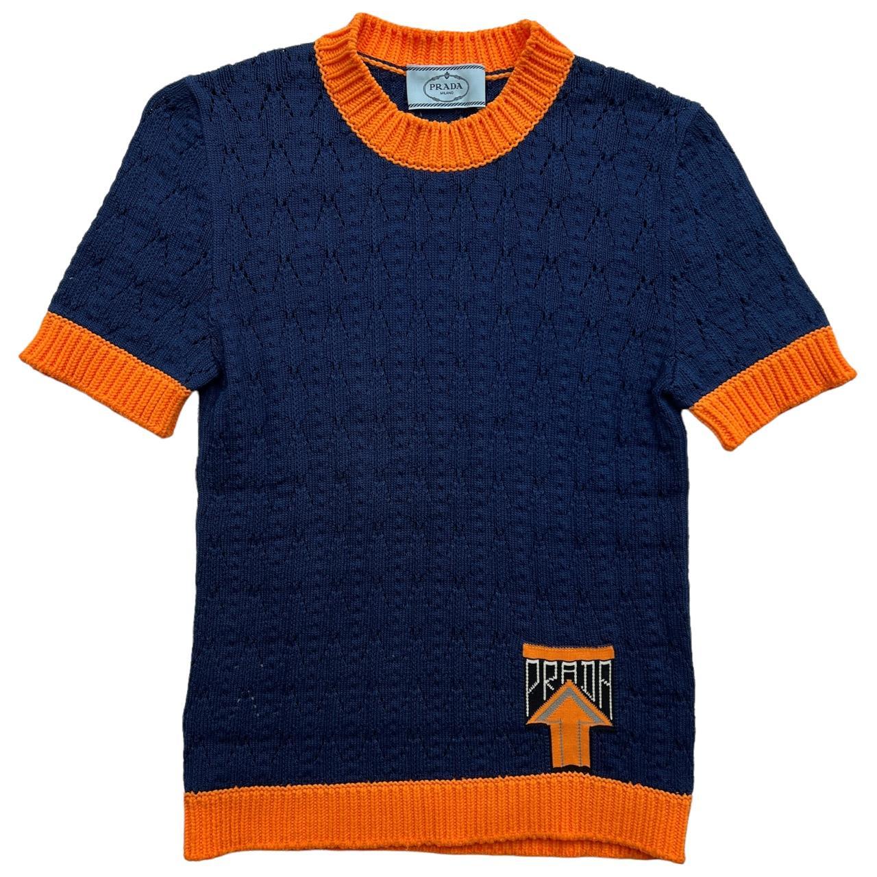 Prada F/W 2018 Orange and Blue Knit Short Sleeve Logo Sweater - Outfit Repeater