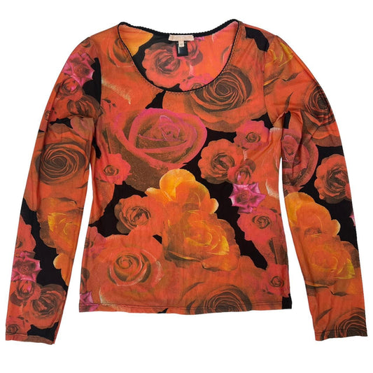 Roberto Cavalli Rose Print Semi-Sheer Mesh Long Sleeve Top