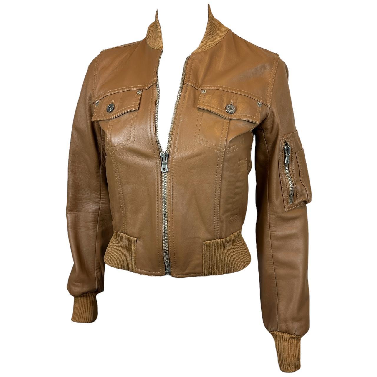 Dolce & Gabbana Brown Leather Cropped Bomber Jacket