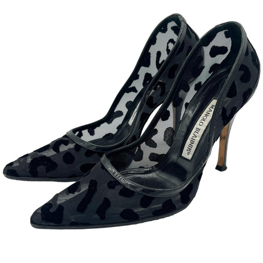 Manolo Blahnik Black Semi-Transparent Leopard Print Pointed Toe Heels