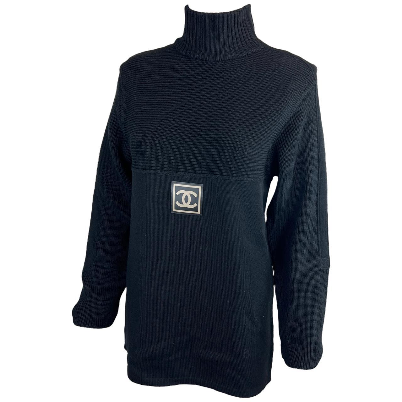 Chanel Sport Line Black Wool Sweater with Rubber CC Logo Patch