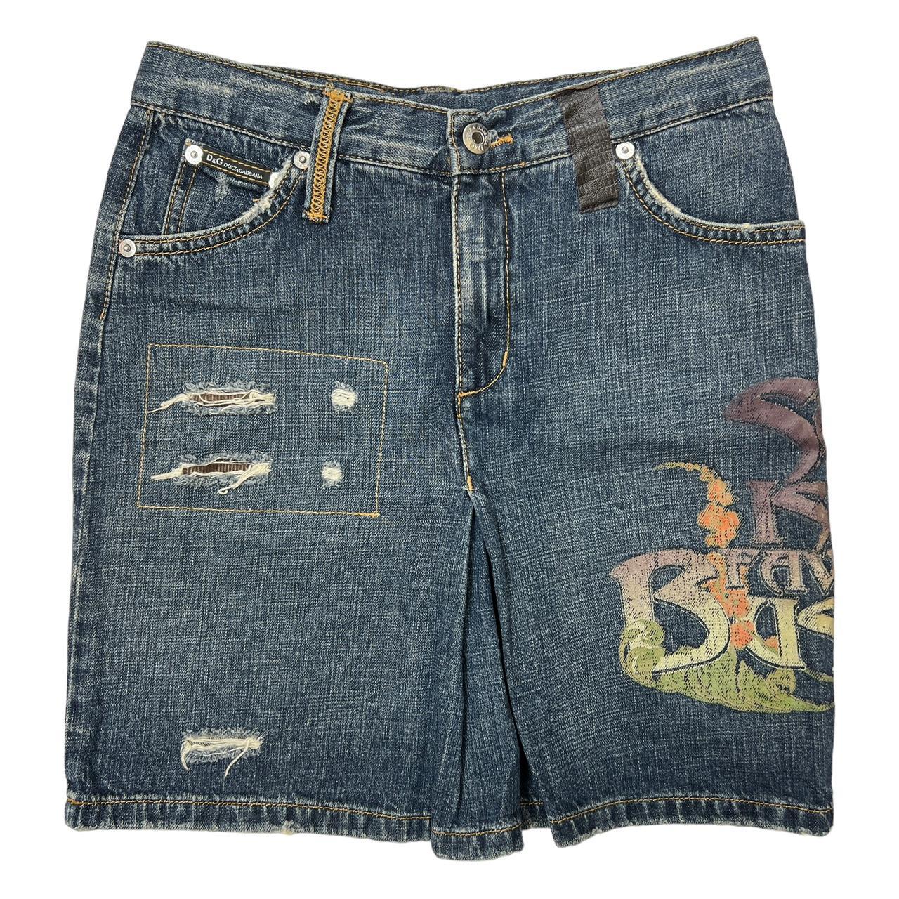 Dolce & Gabbana 'Sex is My Favorite Business' Graphic Distressed Denim Mini Skirt with Leather Logo Patch and Pocket - Outfit Repeater