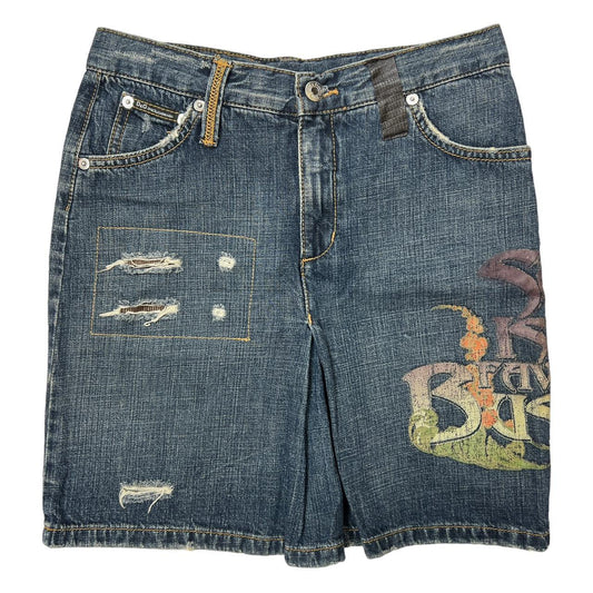 Dolce & Gabbana 'Sex is My Favorite Business' Graphic Distressed Denim Mini Skirt with Leather Logo Patch and Pocket - Outfit Repeater