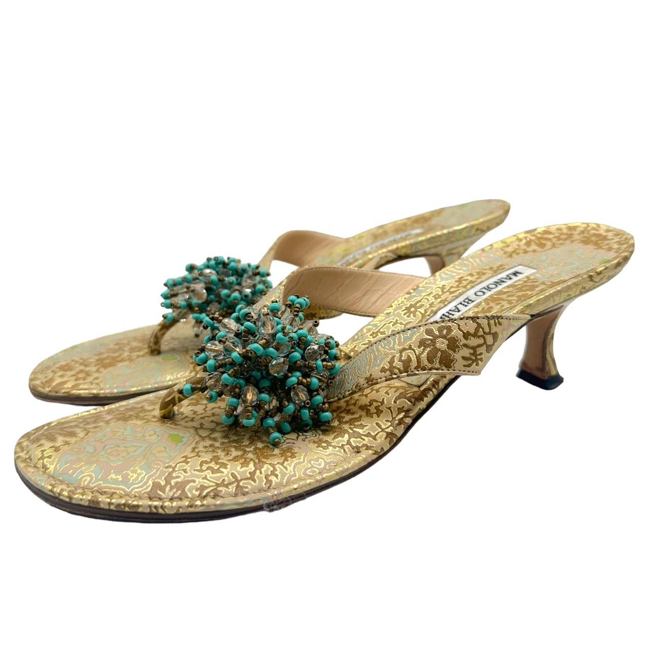 Manolo Blahnik Gold Printed Kitten Heel Flip Flops