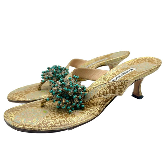 Manolo Blahnik Gold Printed Kitten Heel Flip Flops