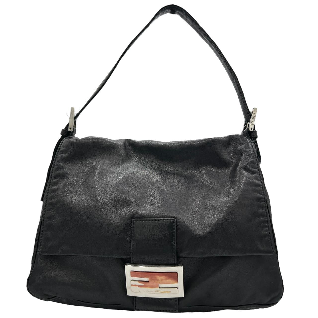 Fendi Black Leather Shoulder Bag with Stone Accent