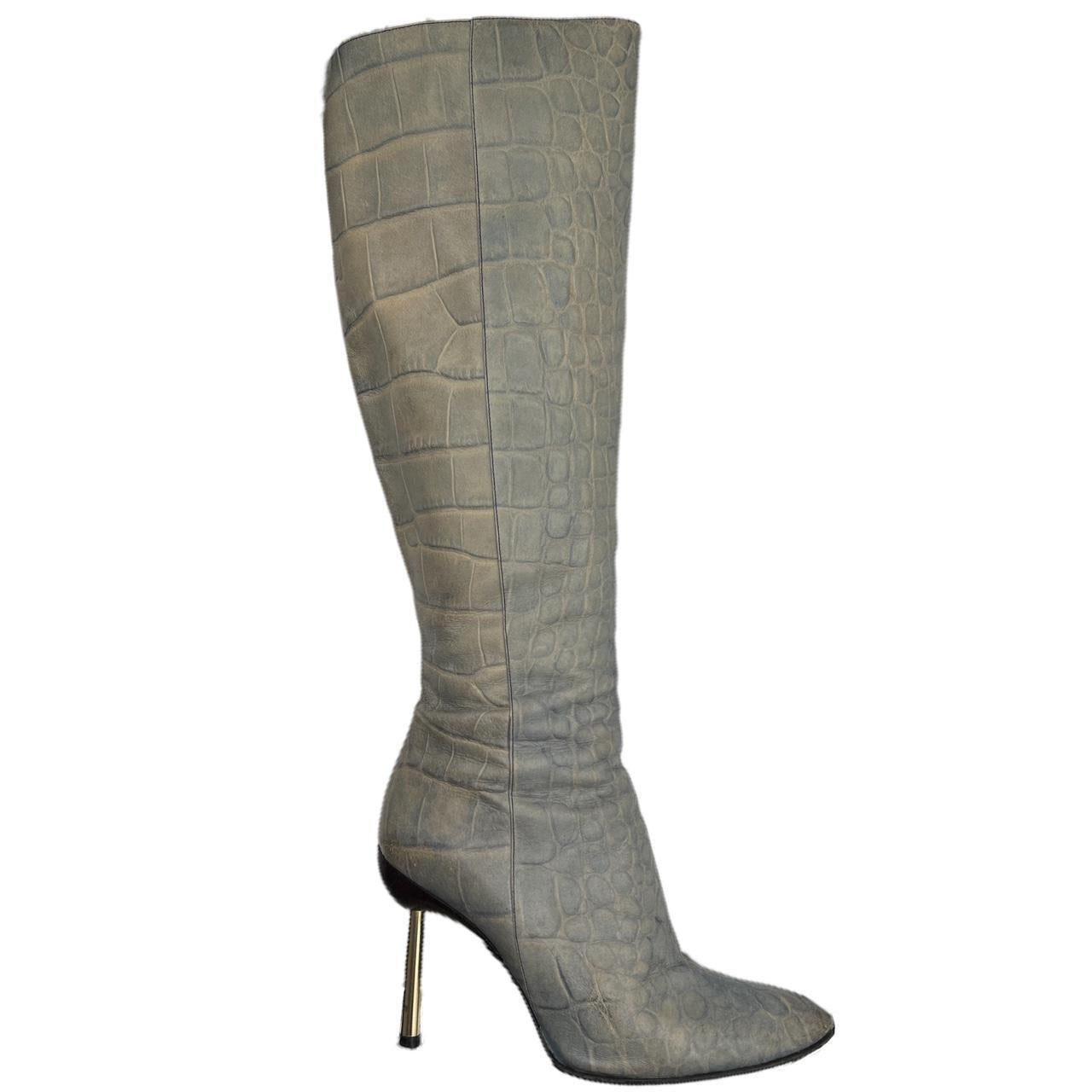 Gianni Versace Knee High Heeled Boots Blue Gray Croc Leather