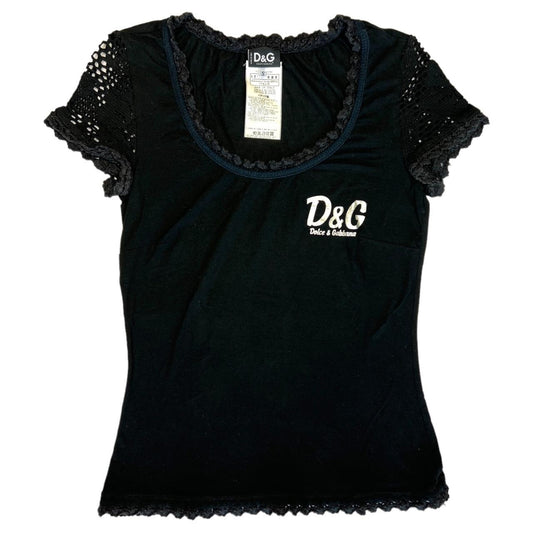 Dolce & Gabbana Black Logo T-Shirt with Crochet Sleeves - Outfit Repeater
