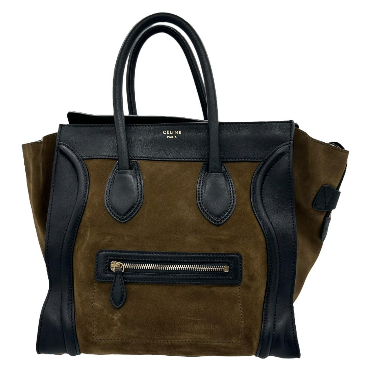 Celiné Brown Suede & Black Leather Luggage Tote Bag - Outfit Repeater