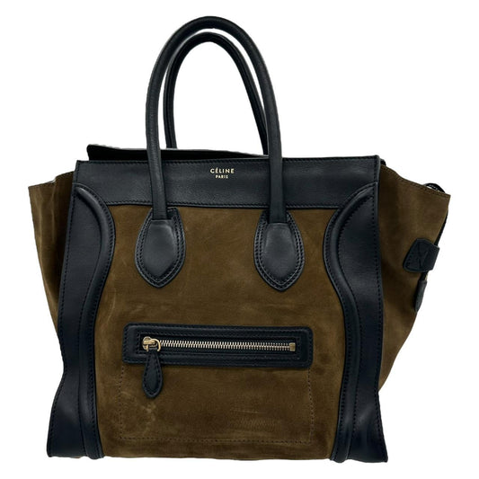 Celiné Brown Suede & Black Leather Luggage Tote Bag - Outfit Repeater