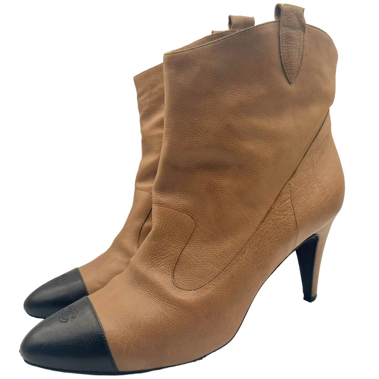 Chanel Heeled Booties Brown Black Leather Western Design