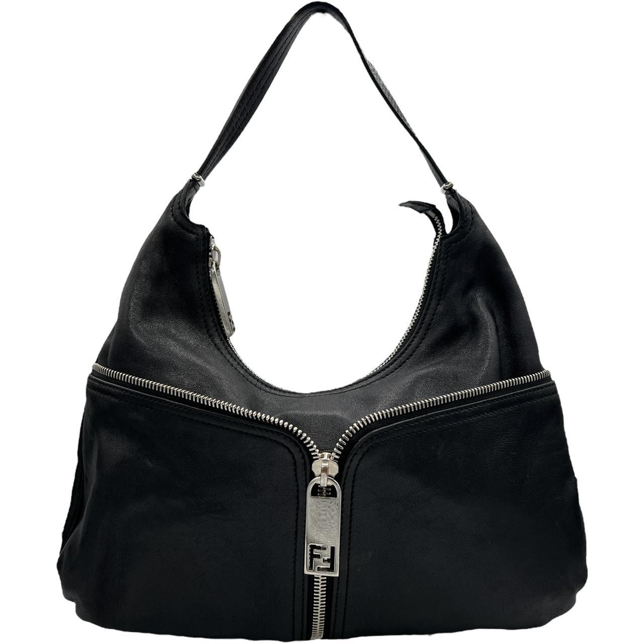 Fendi Black Leather Hobo Bag with Silver Zipper Detail