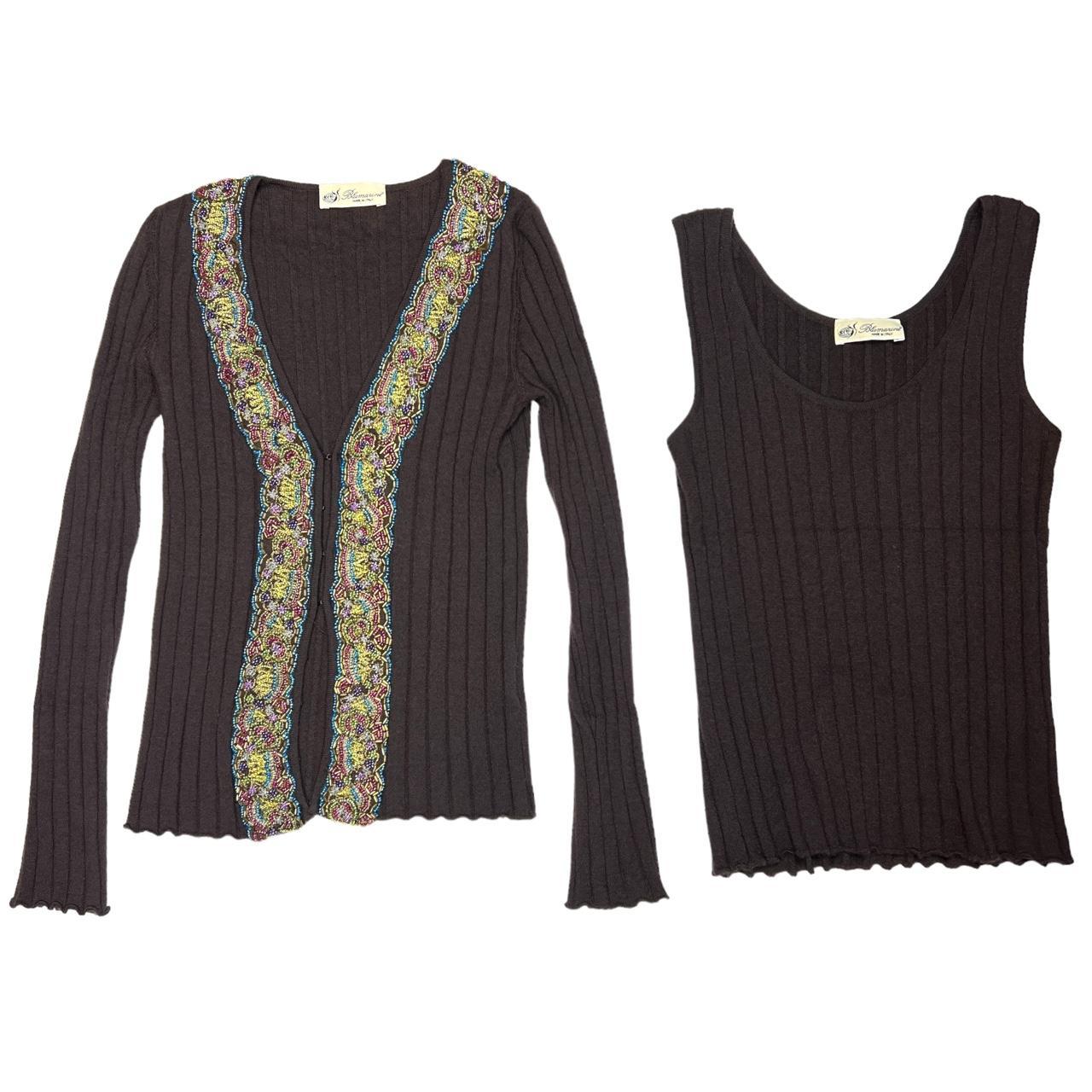 Blumarine Chocolate Brown Ribbed Knit Tank and Matching Cardigan with Multicolored Beaded Trim