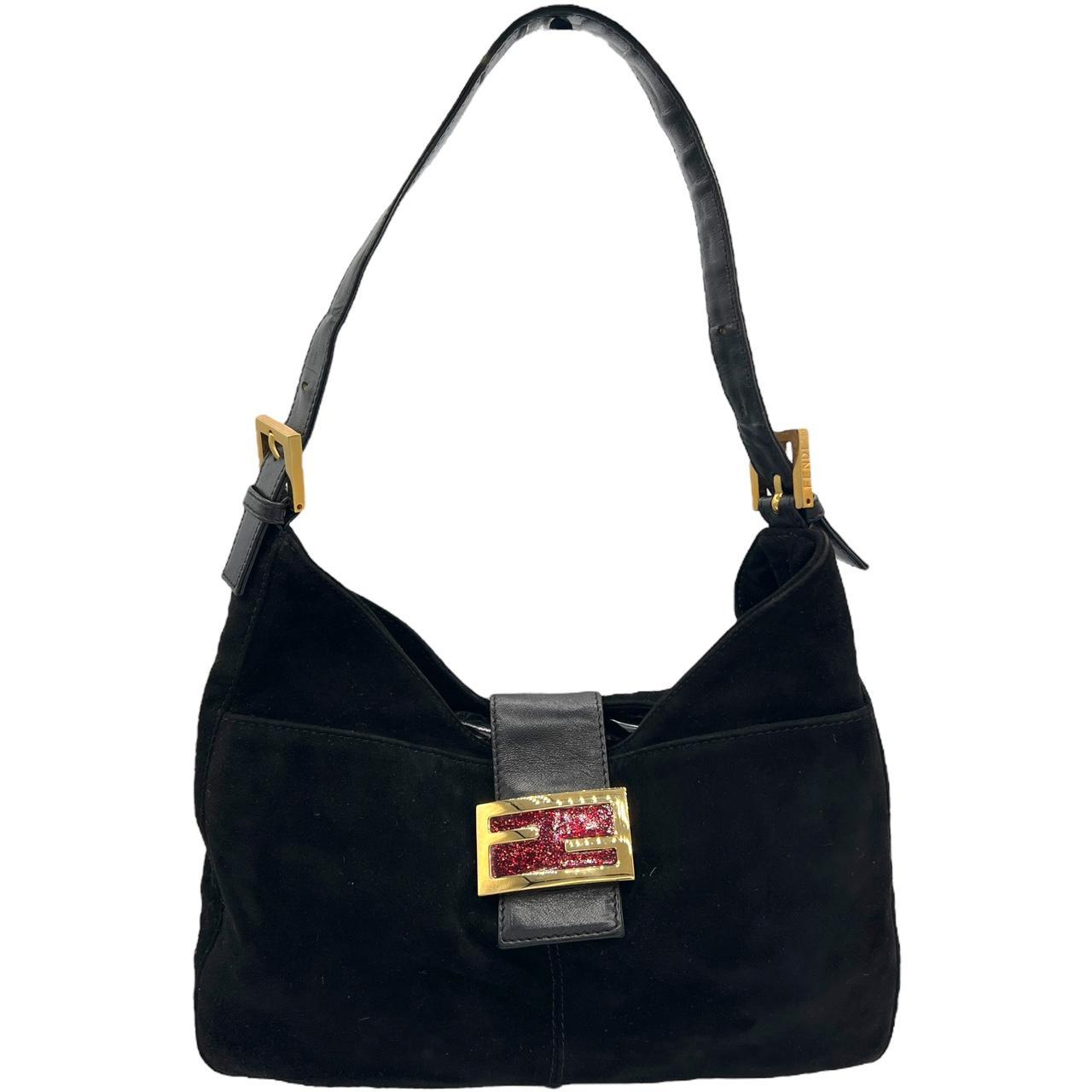 Fendi Black Suede Baguette Shoulder Bag Gold Red Hardware