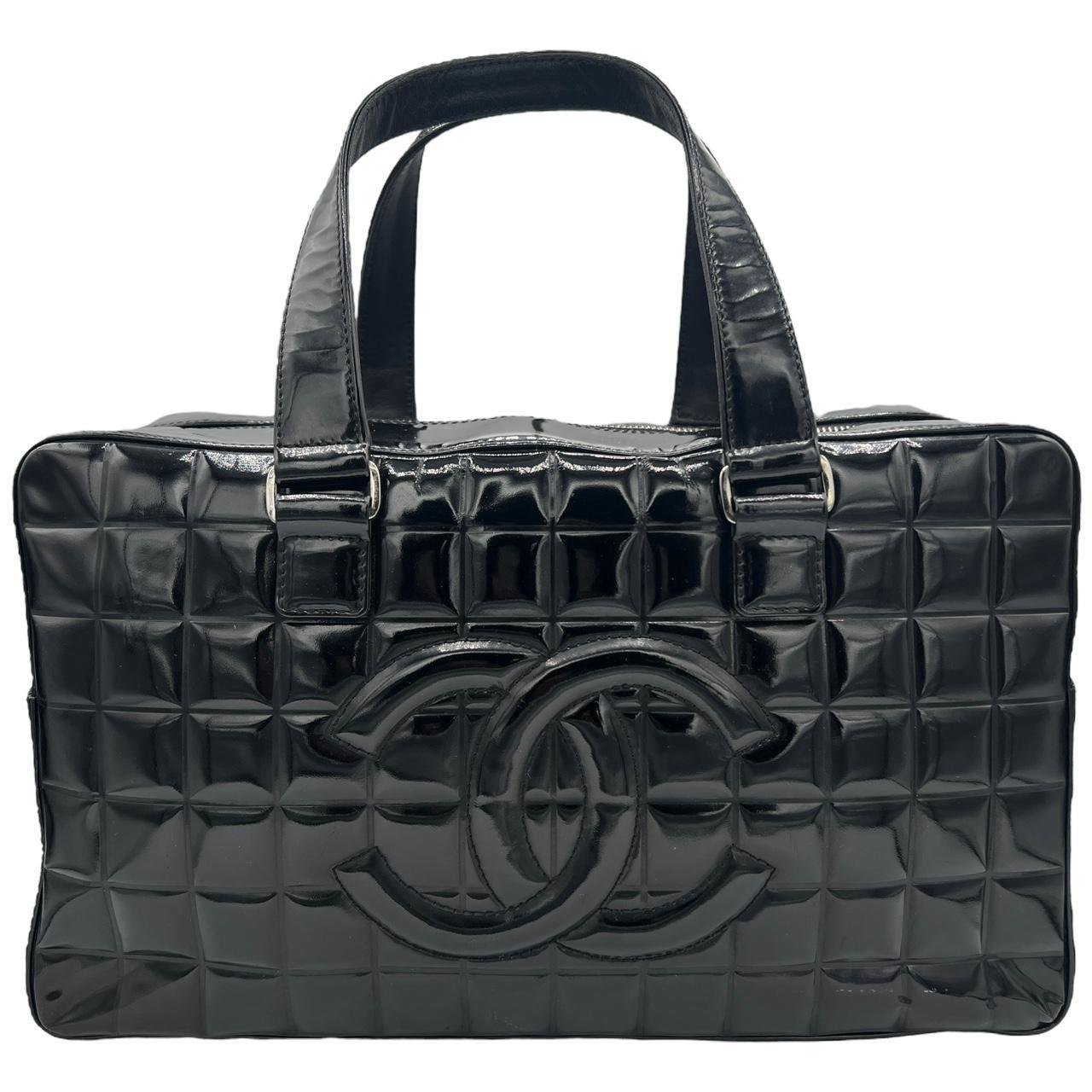 Chanel Black Patent Leather Chocolate Bar Quilted CC Logo Bowler Bag